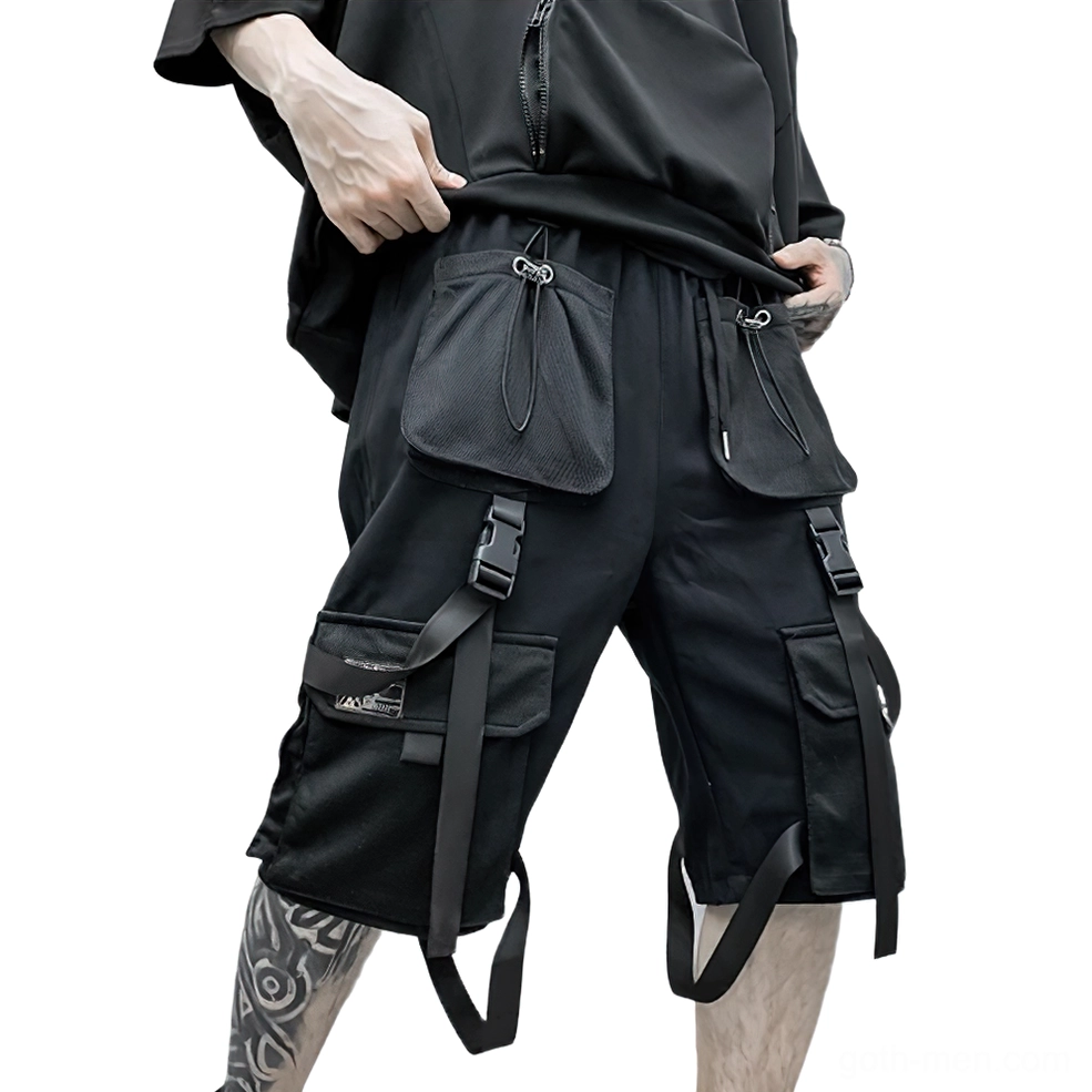 Black gothic cargo shorts right side profile showcasing webbing straps drawstring waist and functional pocket placement