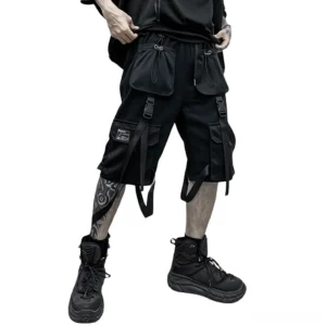 Black gothic cargo shorts side rear view showing buckle straps and multi-pocket cargo design with industrial webbing details