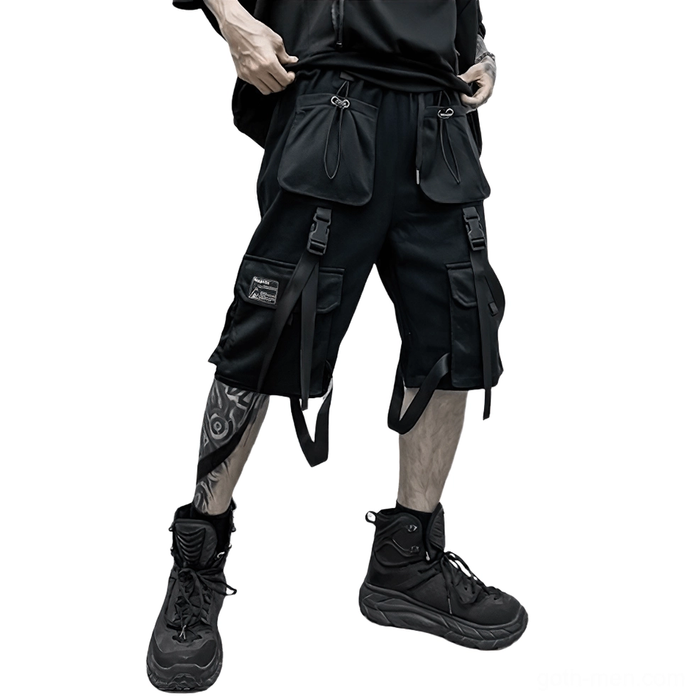 Black gothic cargo shorts side rear view showing buckle straps and multi-pocket cargo design with industrial webbing details