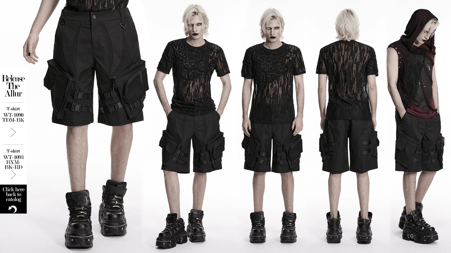 Warehouse and size comparison view of black gothic cargo shorts in various sizes