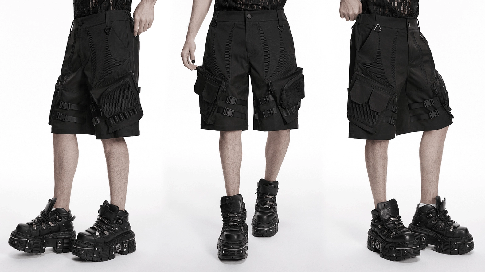 Styling reference image of black gothic cargo shorts paired with alternative fashion accessories