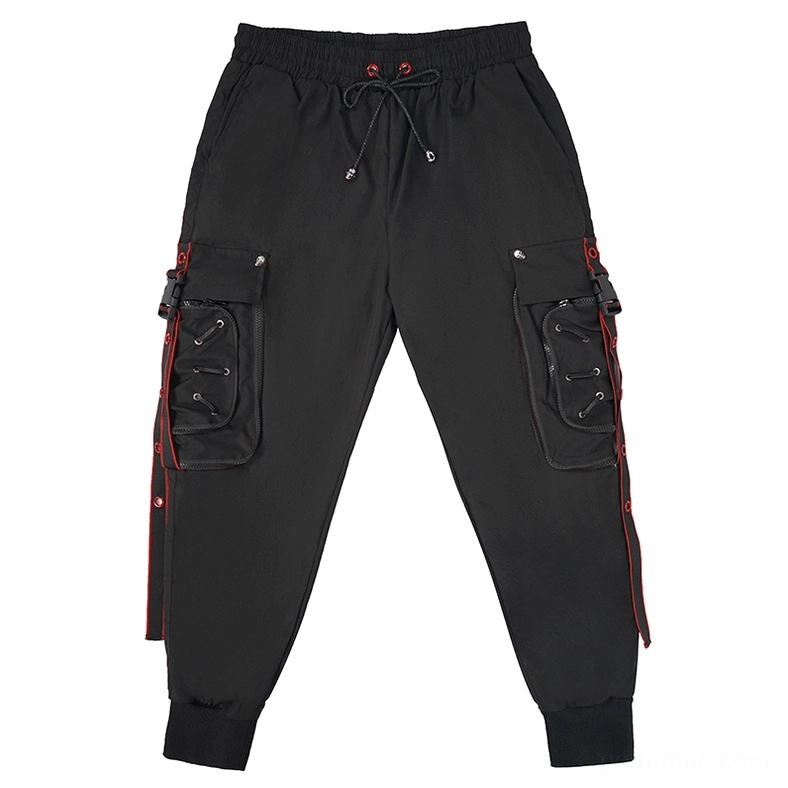 Black gothic cargo pants flat lay front view showing multiple pockets and red trim details