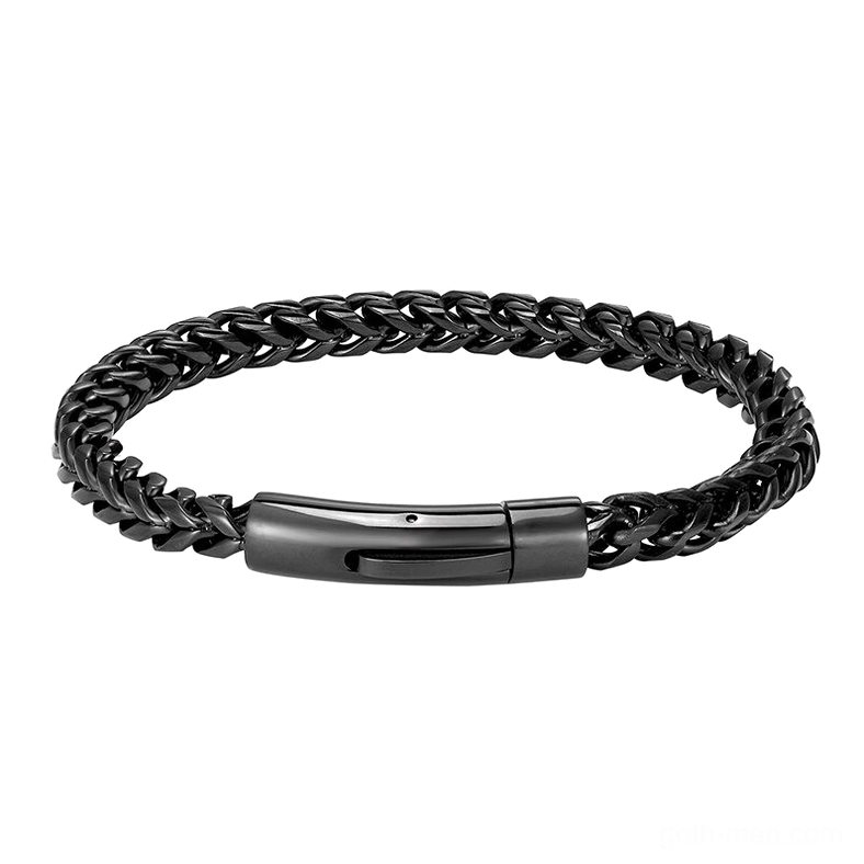 Black stainless steel gothic curb chain bracelet for men - flat lay front view with push lock clasp