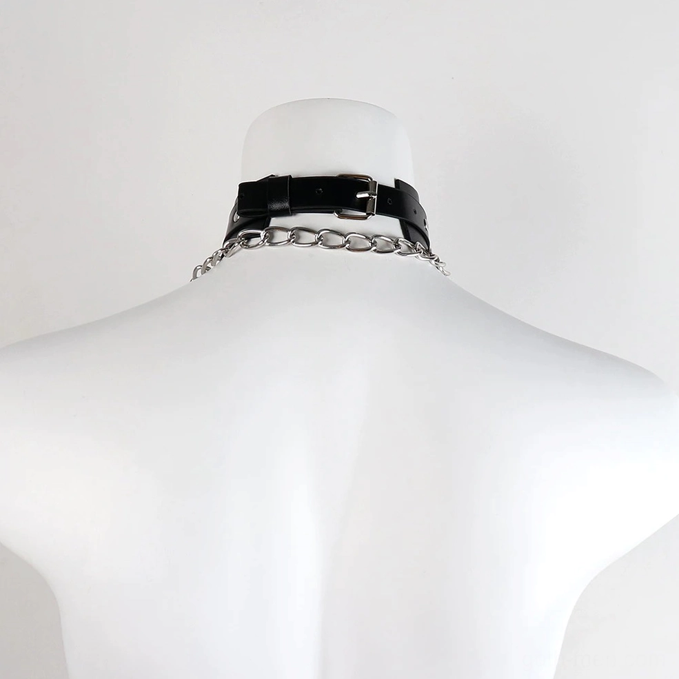 Black leather gothic collar back view featuring adjustable metal buckle and chain hardware - rear worn perspective