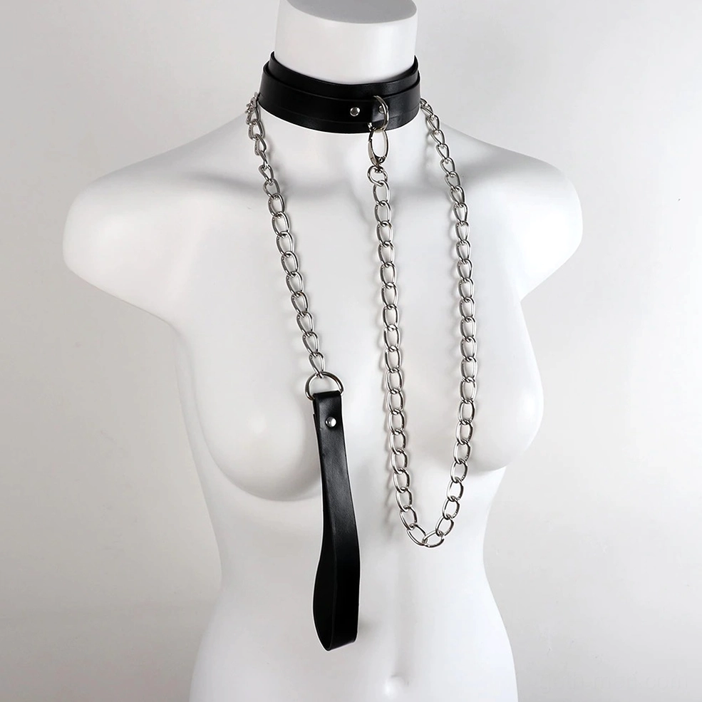 Black gothic chain collar with central leather leash and dual metal chains - front-facing worn on torso