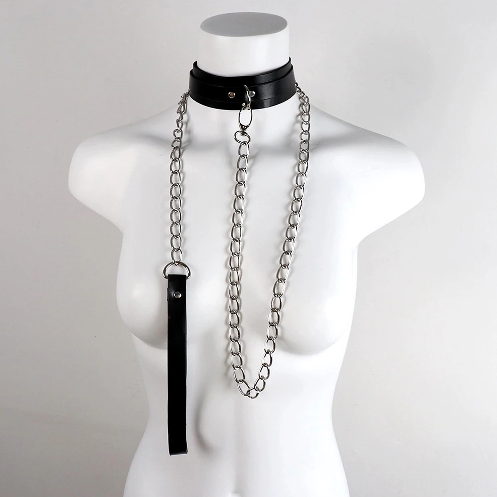 Black leather gothic collar with side-worn leather leash and metal chains - front perspective on torso model