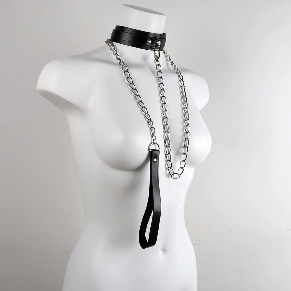Black gothic chain collar with leather leash - three-quarter front angle view on mannequin showing industrial aesthetic