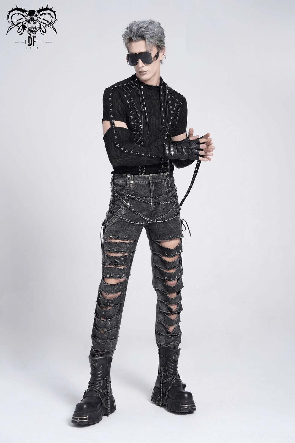 Black gothic chain denim jeans alternate angle, acid-washed finish showcasing ripped leg design and metal stud embellishments throughout