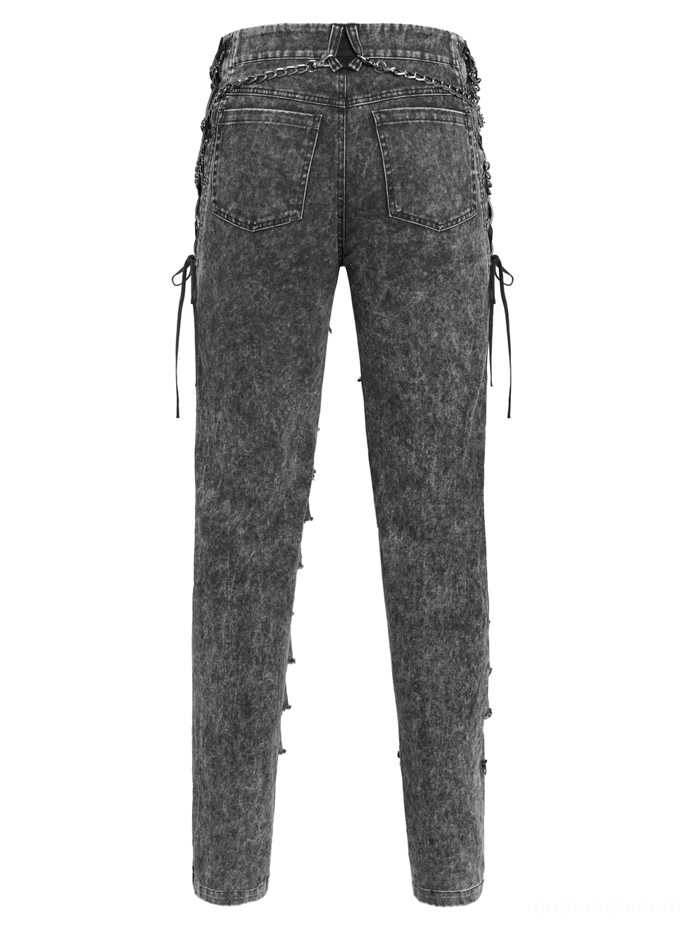 Black distressed gothic chain jeans flat lay back, acid-washed denim with back pockets and industrial side lace-up eyelets, white studio background