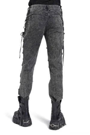 Black distressed gothic chain jeans back view on male model, reinforced back pockets with side lace-up eyelets and chain accents, white studio background