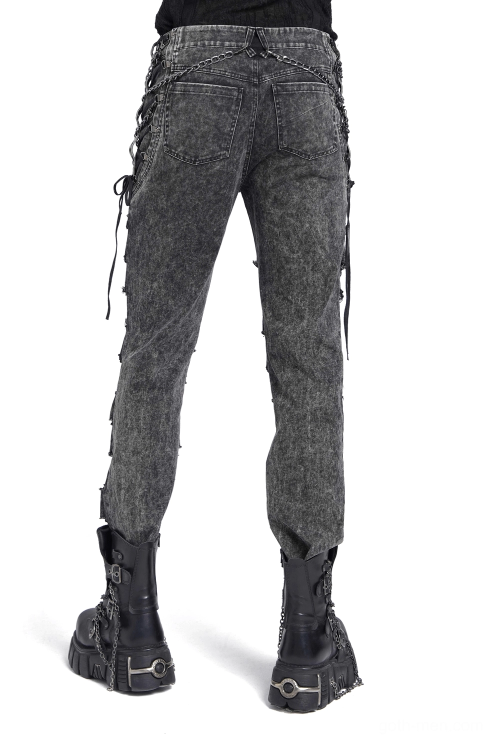 Black distressed gothic chain jeans back view on male model, reinforced back pockets with side lace-up eyelets and chain accents, white studio background