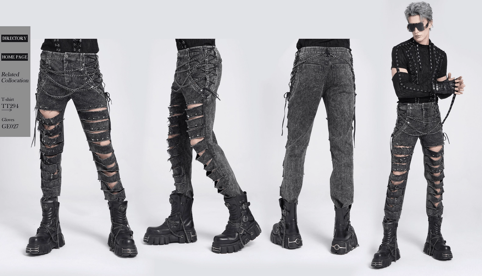 Black acid-washed gothic chain jeans final detail perspective, complete ripped leg construction and decorative metal chain placement shown
