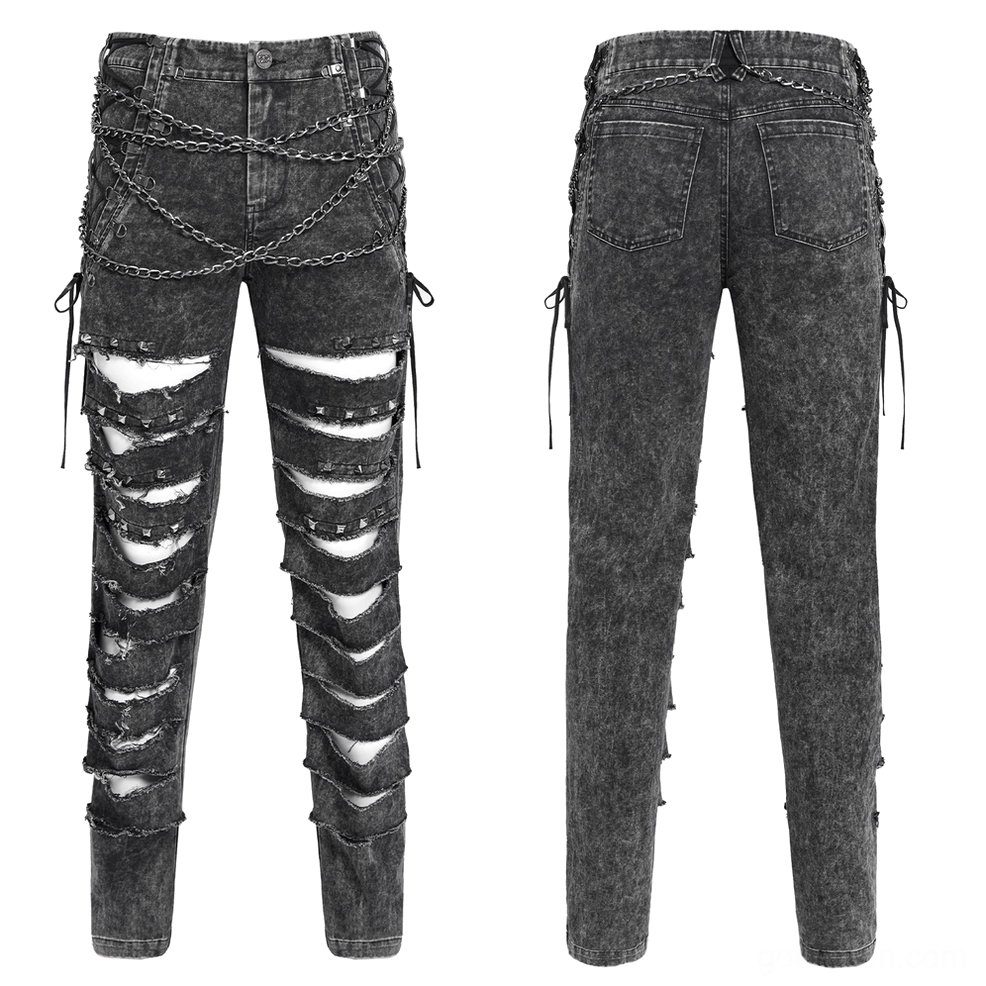 Black acid-washed gothic chain jeans flat lay front, extreme ripped leg cuts with metal chains and stud trim, industrial lace-up side closure details