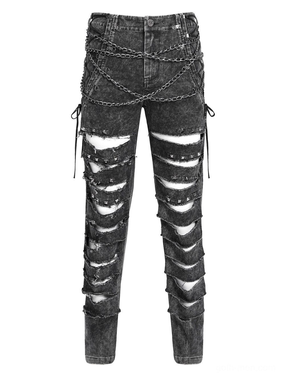 Black acid-washed gothic jeans with chain decor flat lay front, multiple ripped leg sections and metal chain harness, white background detail shot