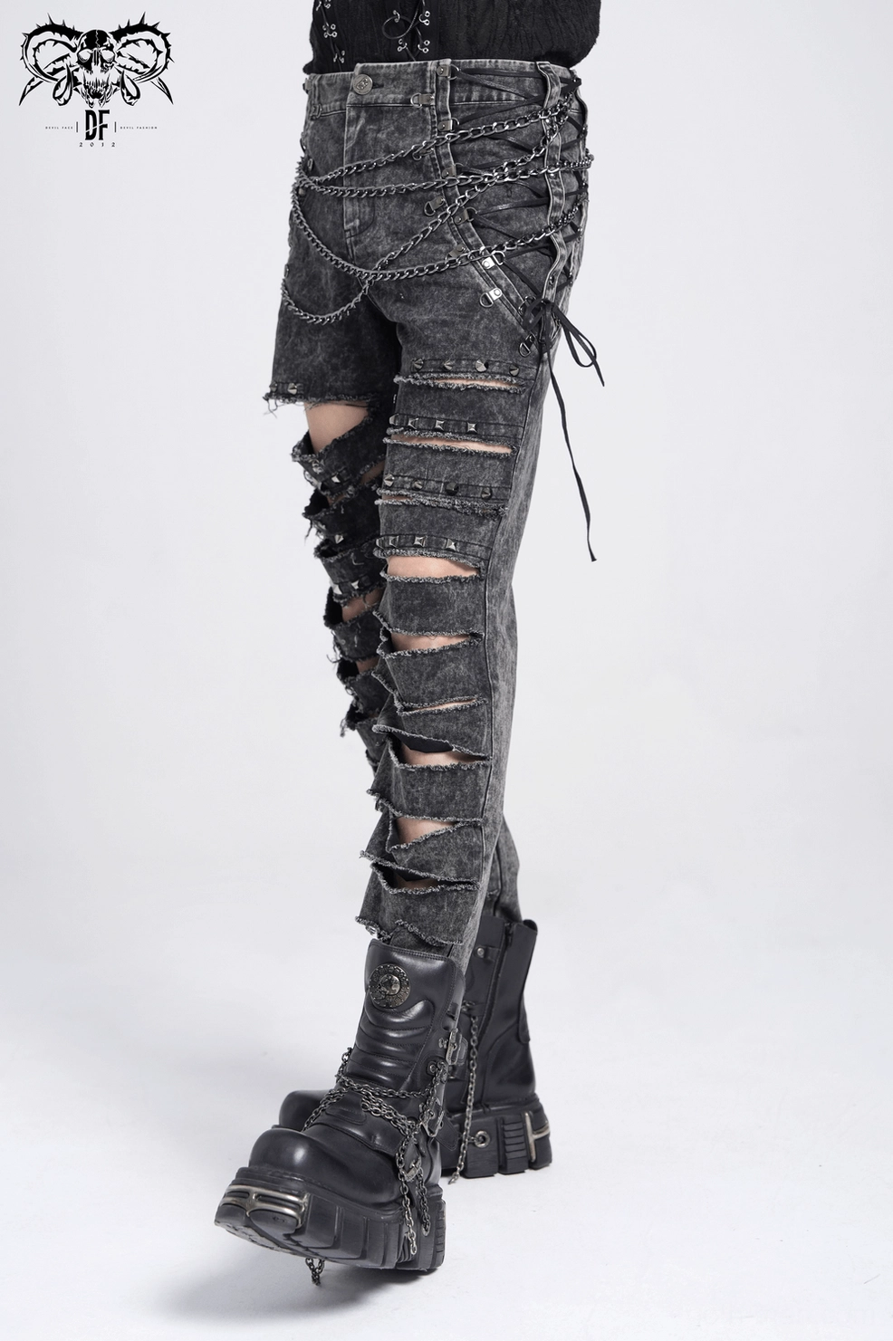 Black gothic chain jeans comprehensive product view, acid-washed denim with extreme distressing and metal chain harness full coverage
