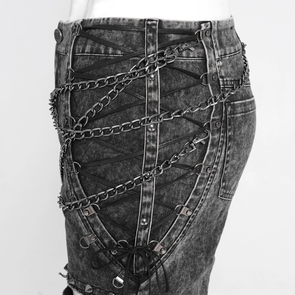 Black acid-washed gothic denim jeans, industrial lace-up side system with metal eyelets and chain integration, alternative fashion aesthetic