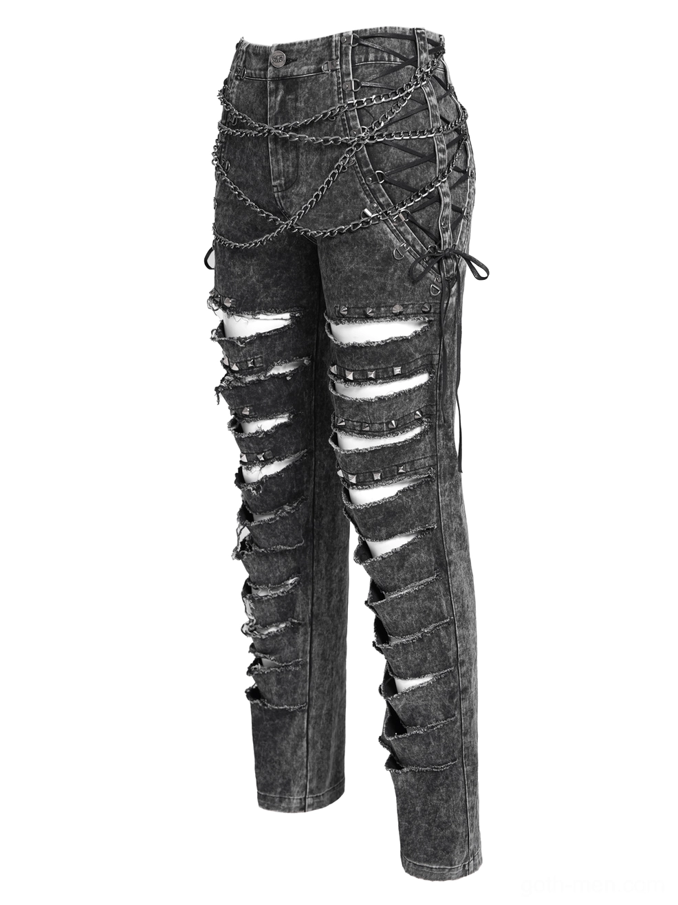 Black gothic chain jeans side flat lay view, acid-washed denim with chain decor cascading down leg, extreme ripped cuts and structured tailoring