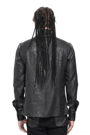 Black gothic chain shirt rear view on male model with dreadlocks, displaying button-up back and structured shoulder construction