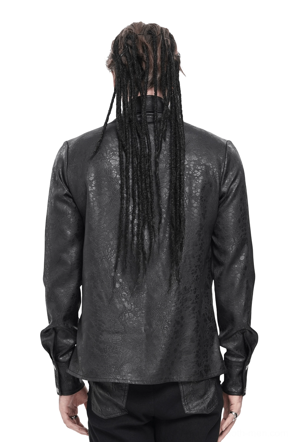 Black gothic chain shirt rear view on male model with dreadlocks, displaying button-up back and structured shoulder construction