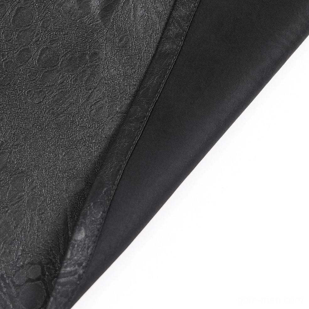 Black gothic chain buckle shirt chest area close-up showing multi-link chain pattern and decorative metal hardware placement