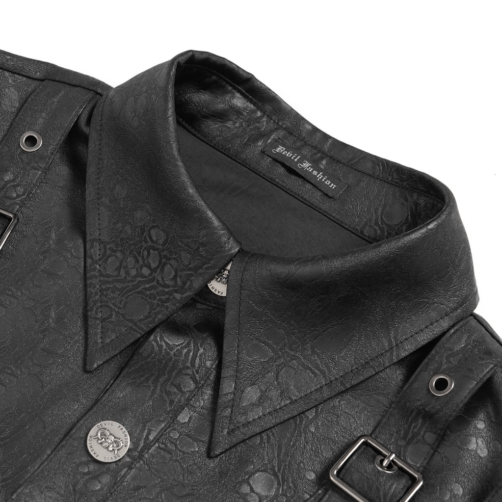 Black gothic shirt collar detail close-up showing branded collar tag, metal buttons, and textured fabric construction