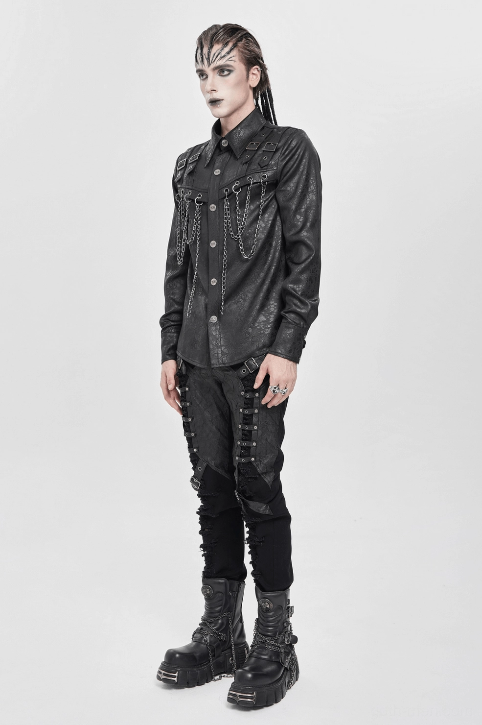 Black gothic chain shirt fabric texture close-up revealing matte finish and embossed surface pattern of polyester material