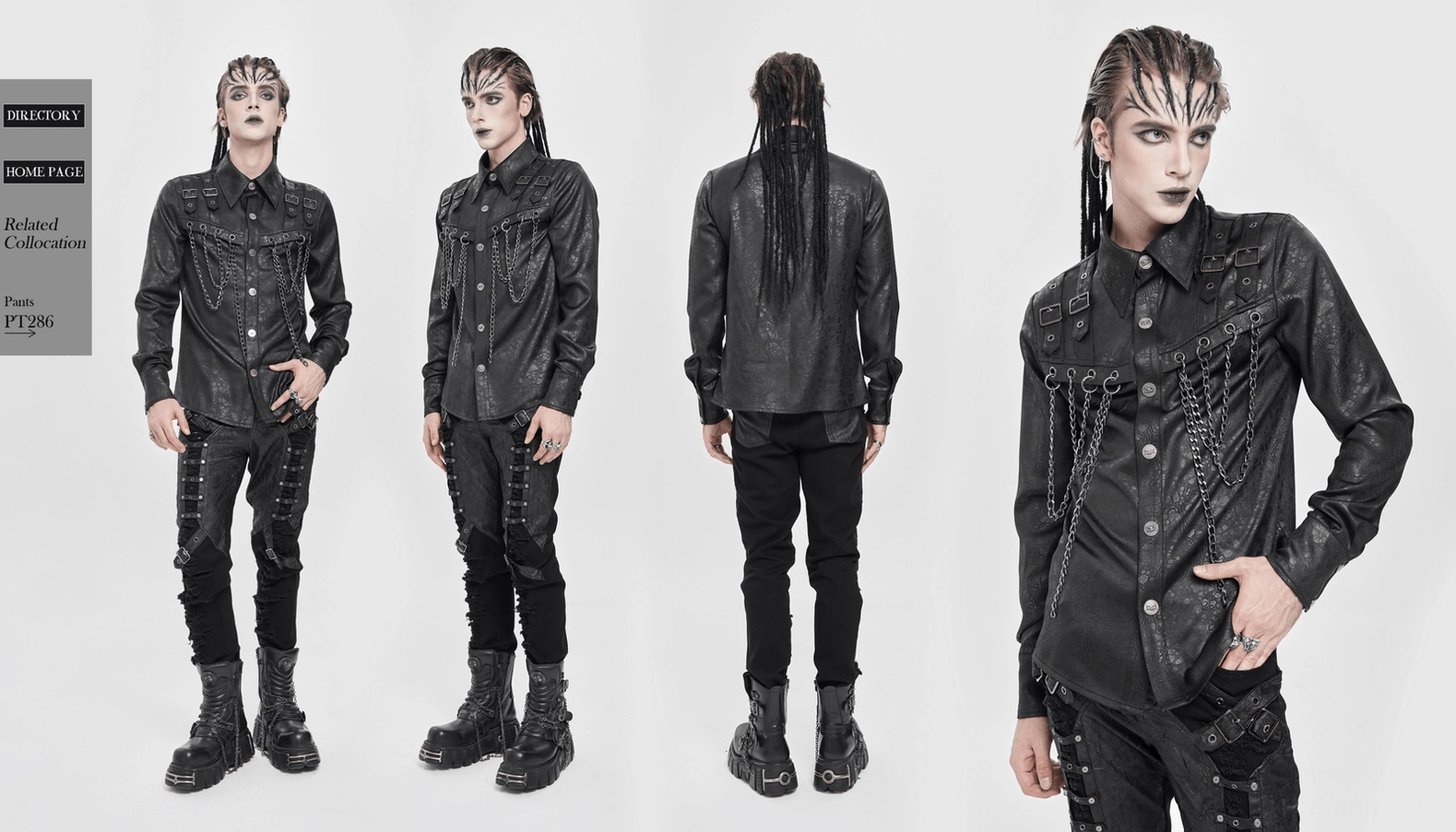 Black gothic chain buckle shirt overall fit and drape on body model, demonstrating loose relaxed silhouette and dramatic styling potential