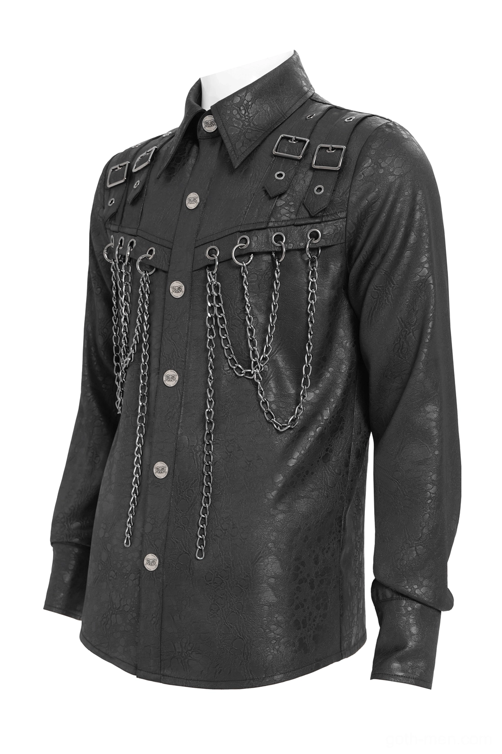 Black gothic chain buckle shirt front three-quarter view on mannequin with metal chains, shoulder buckles, and textured black fabric