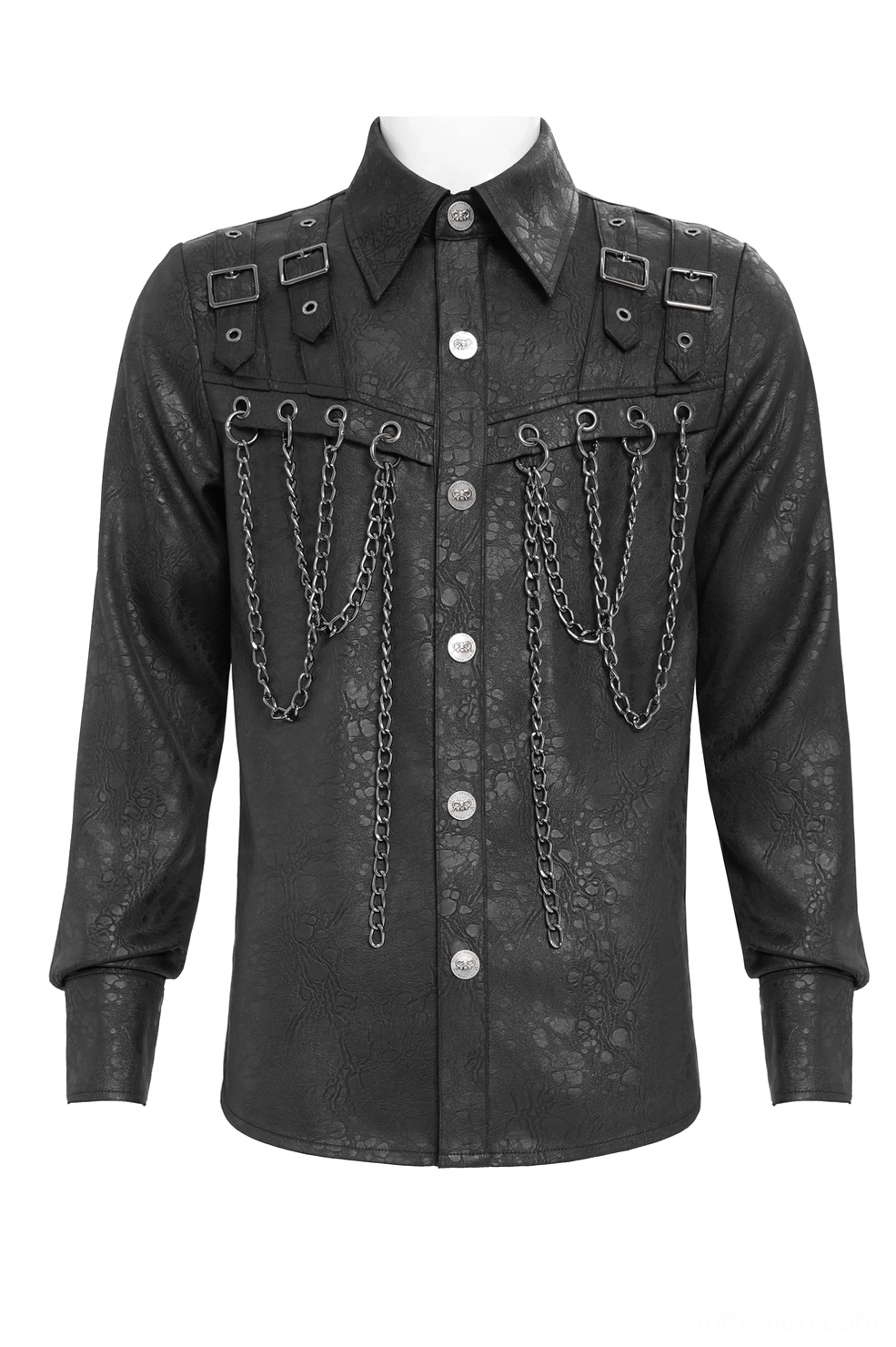 Black gothic button-up chain shirt full front view on mannequin, displaying metal buckles, chain trims, and textured polyester material