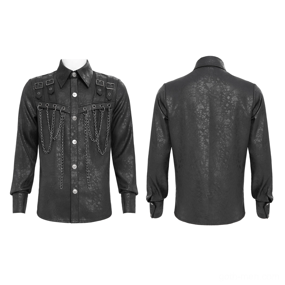 Black industrial gothic chain buckle shirt front and rear dual display on mannequin, showing complete textured fabric design and metal chain placement
