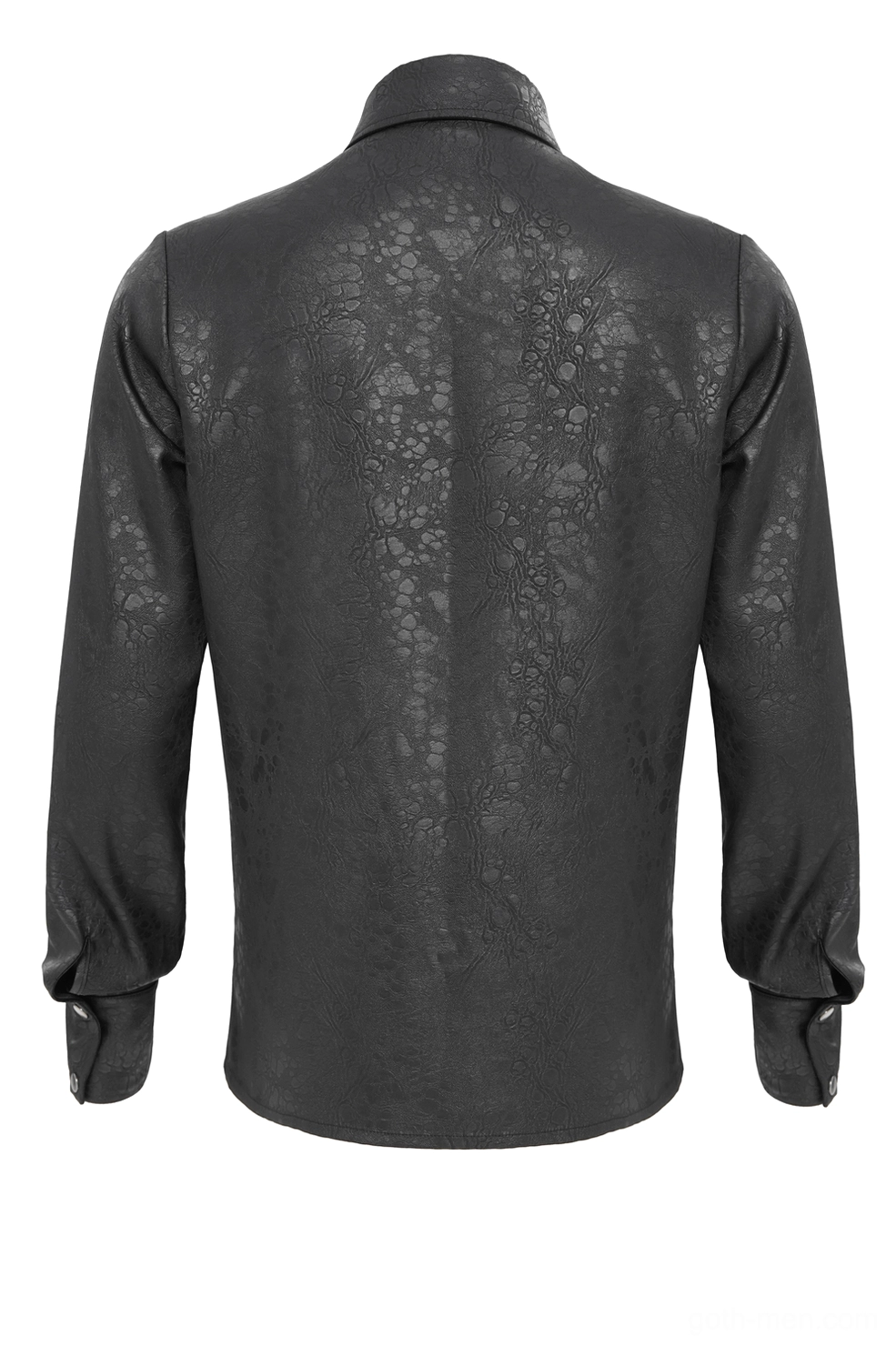 Black gothic chain shirt rear view on display mannequin showing textured leather-like polyester fabric and structural tailoring
