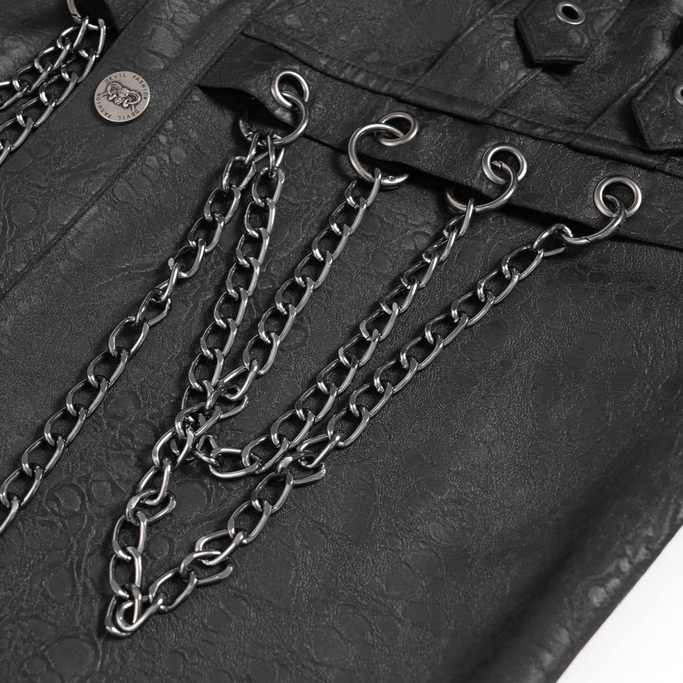 Black industrial gothic chain shirt side seam detail showing construction quality and metal buckle placement on textured polyester