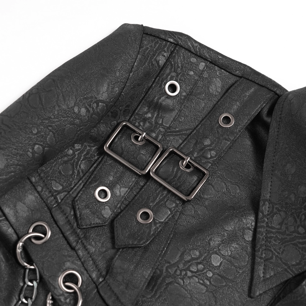 Black gothic chain shirt shoulder detail close-up with metal square buckles and decorative chain attachments on textured fabric