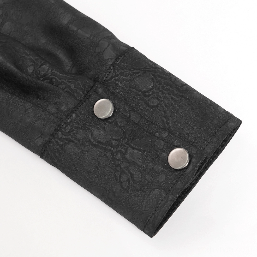 Black gothic chain shirt sleeve detail displaying metal button cuffs and textured fabric close-up of polyester material