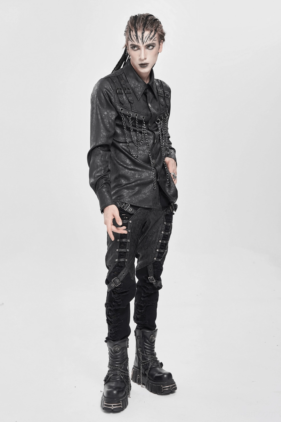 Black industrial gothic shirt alternative styling options showing versatile wear with various goth and punk aesthetic combinations