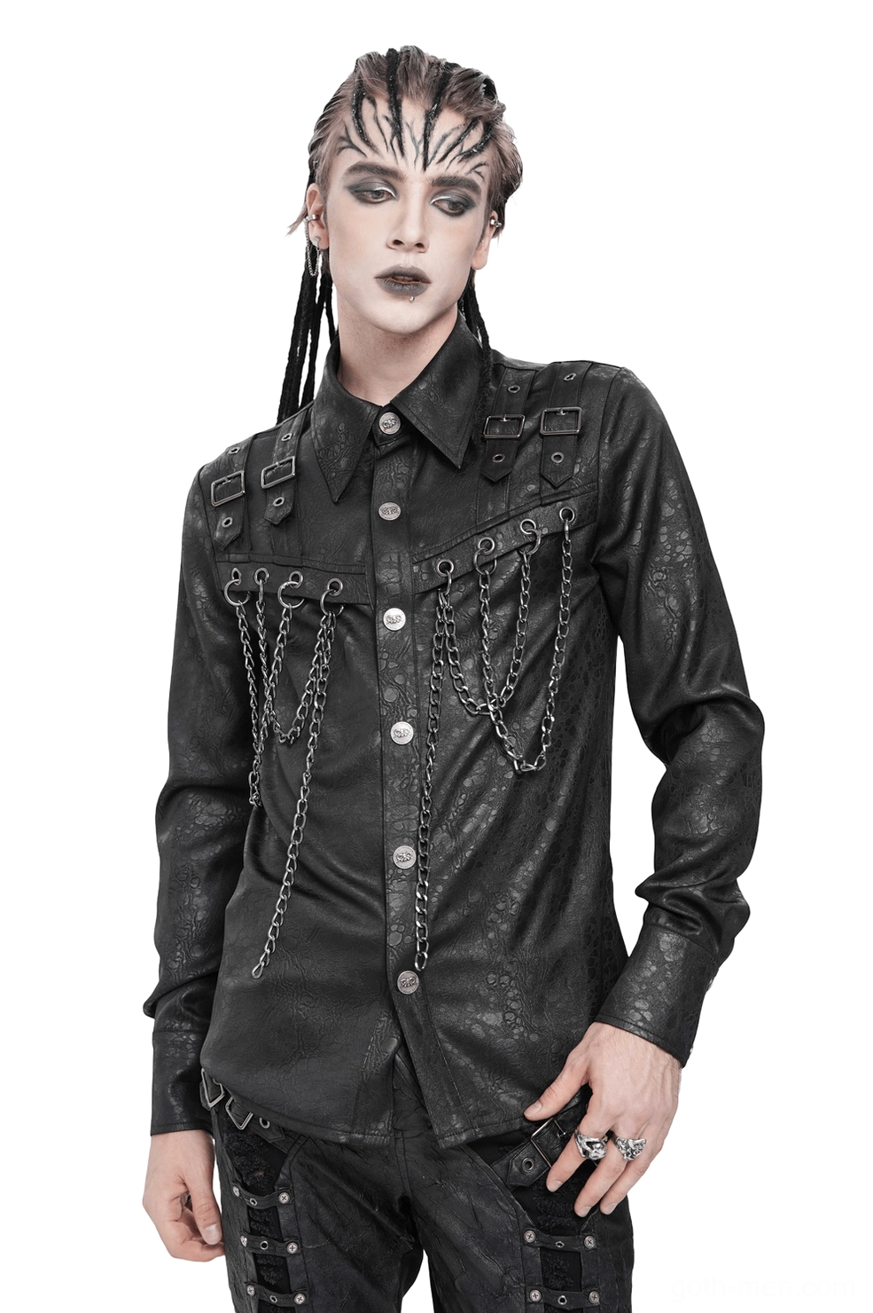 Black industrial gothic chain buckle shirt with textured design on male model, front three-quarter view showing metal chain details and decorative buckles