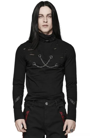 Black gothic chain distressed long sleeve top with buckle collar, front full-body view worn by male model