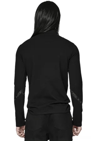 Black gothic distressed top rear full-body view showing solid back design with arm strap accents