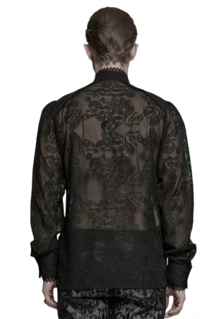 Full back view of black gothic embroidered chiffon shirt showing intricate floral embroidery and scalloped lace cuffs