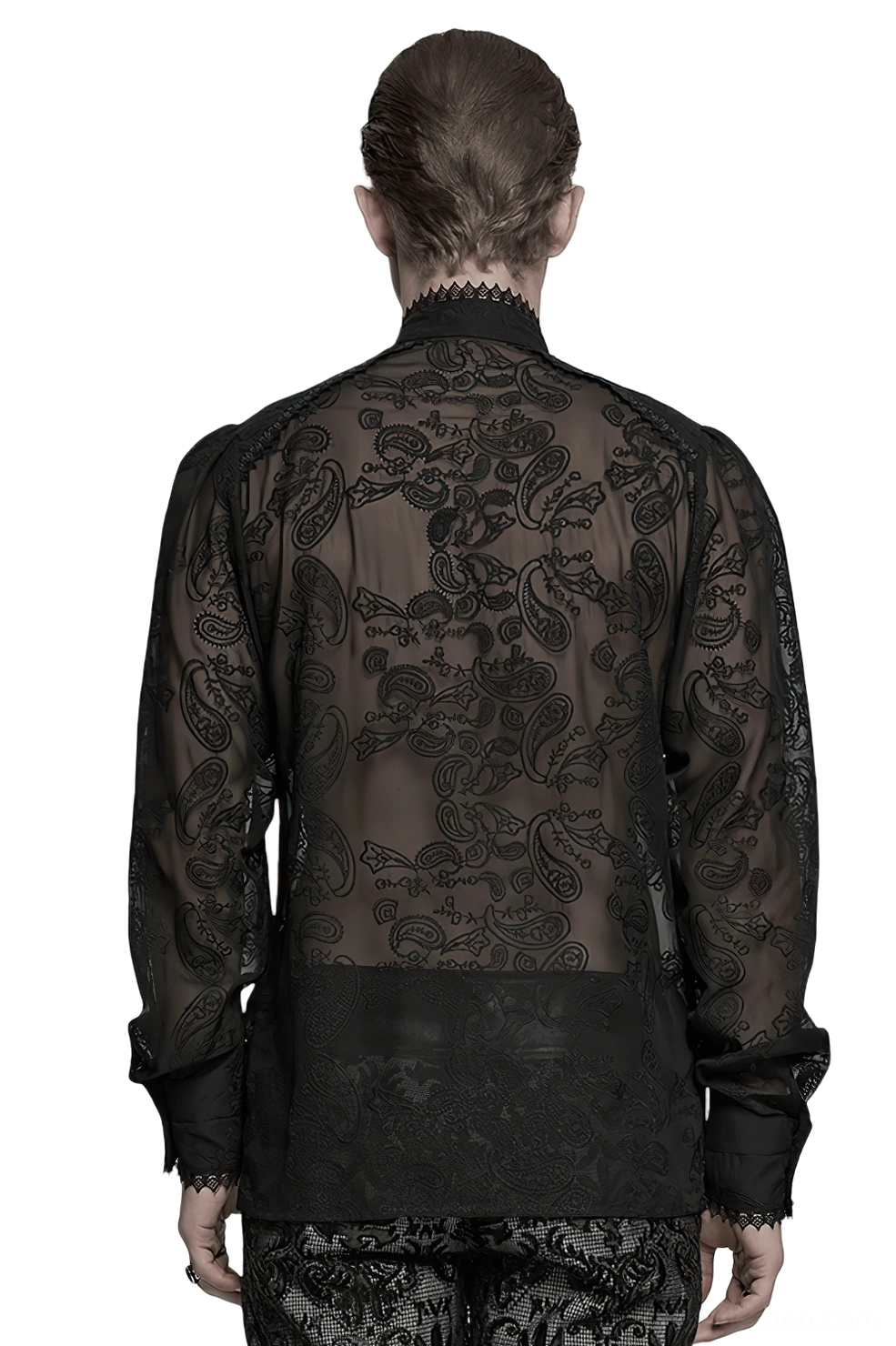 Full back view of black gothic embroidered chiffon shirt showing intricate floral embroidery and scalloped lace cuffs