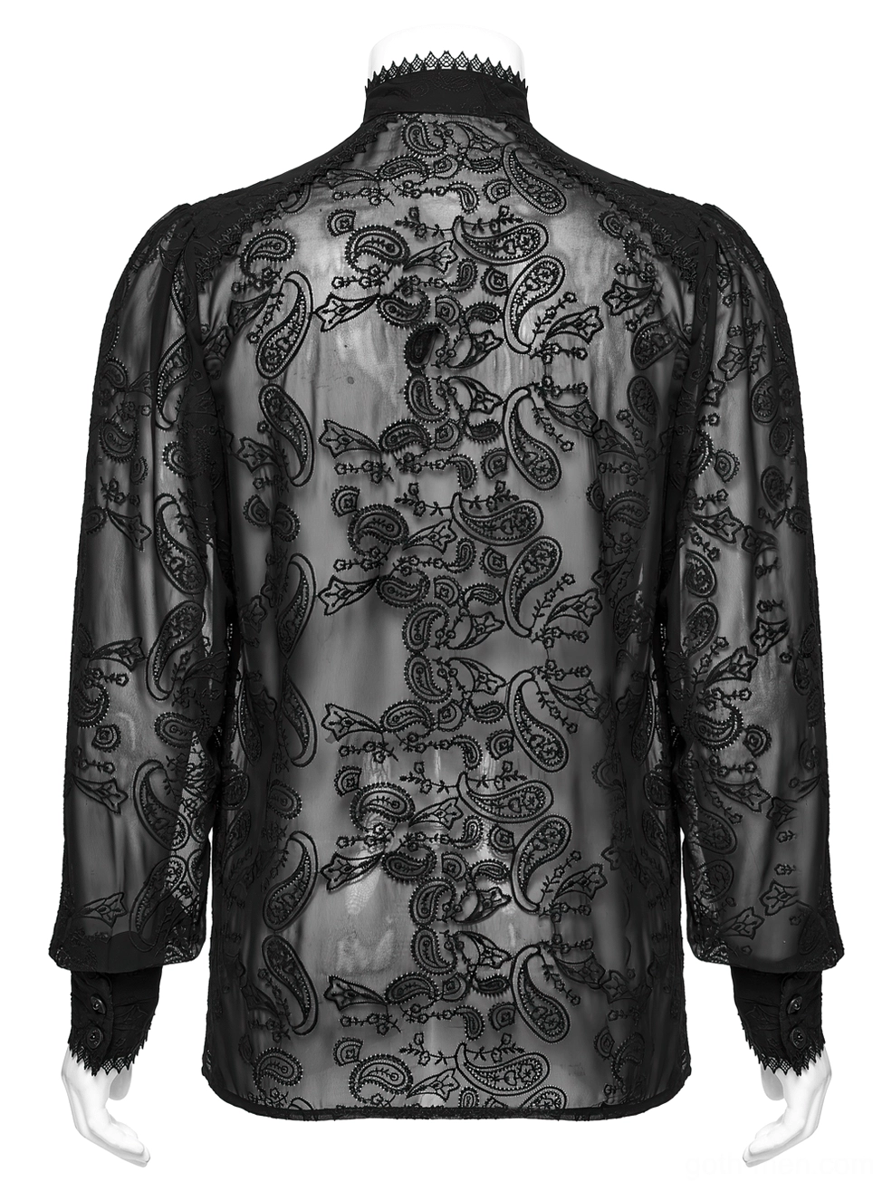 Back flat view of black gothic chiffon shirt highlighting full paisley embroidery and scalloped lace cuff details