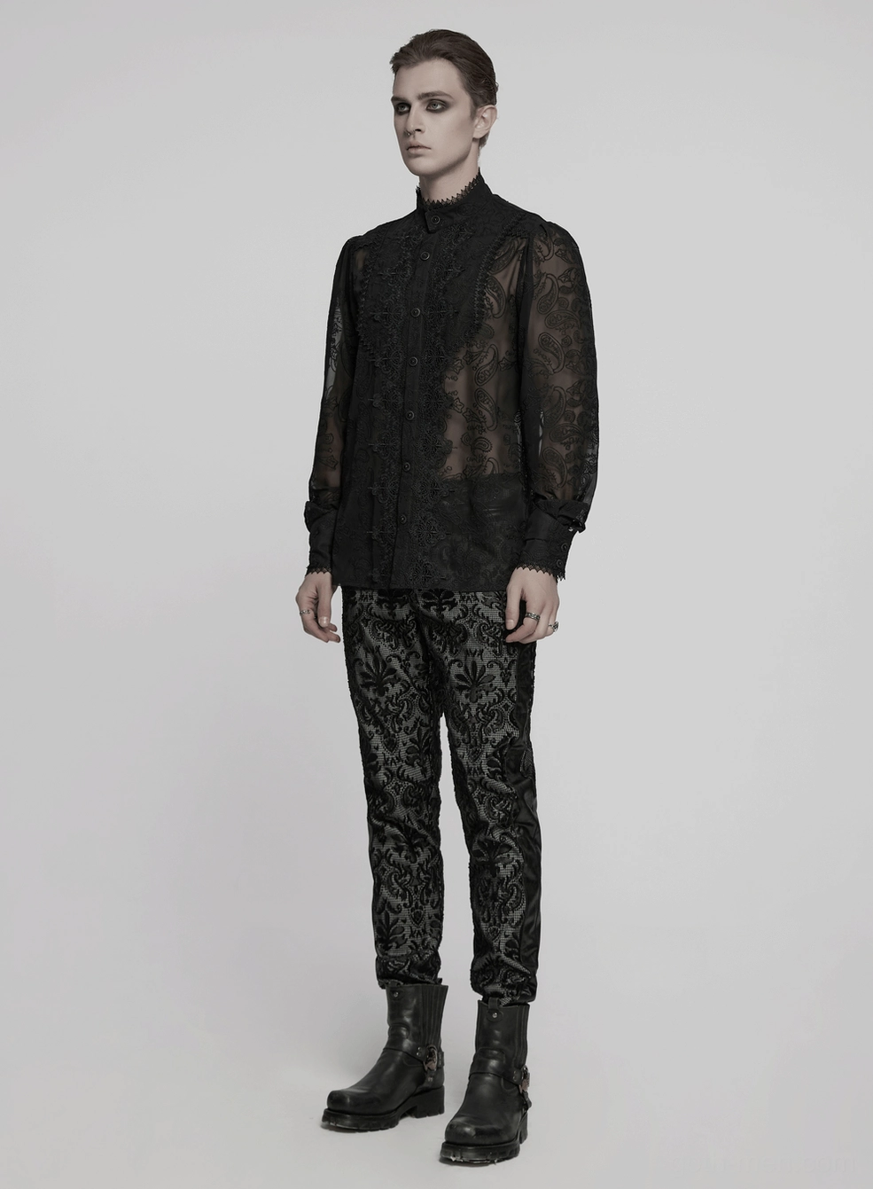 Black gothic chiffon shirt complete styling view showing Renaissance-inspired embroidered details and flow