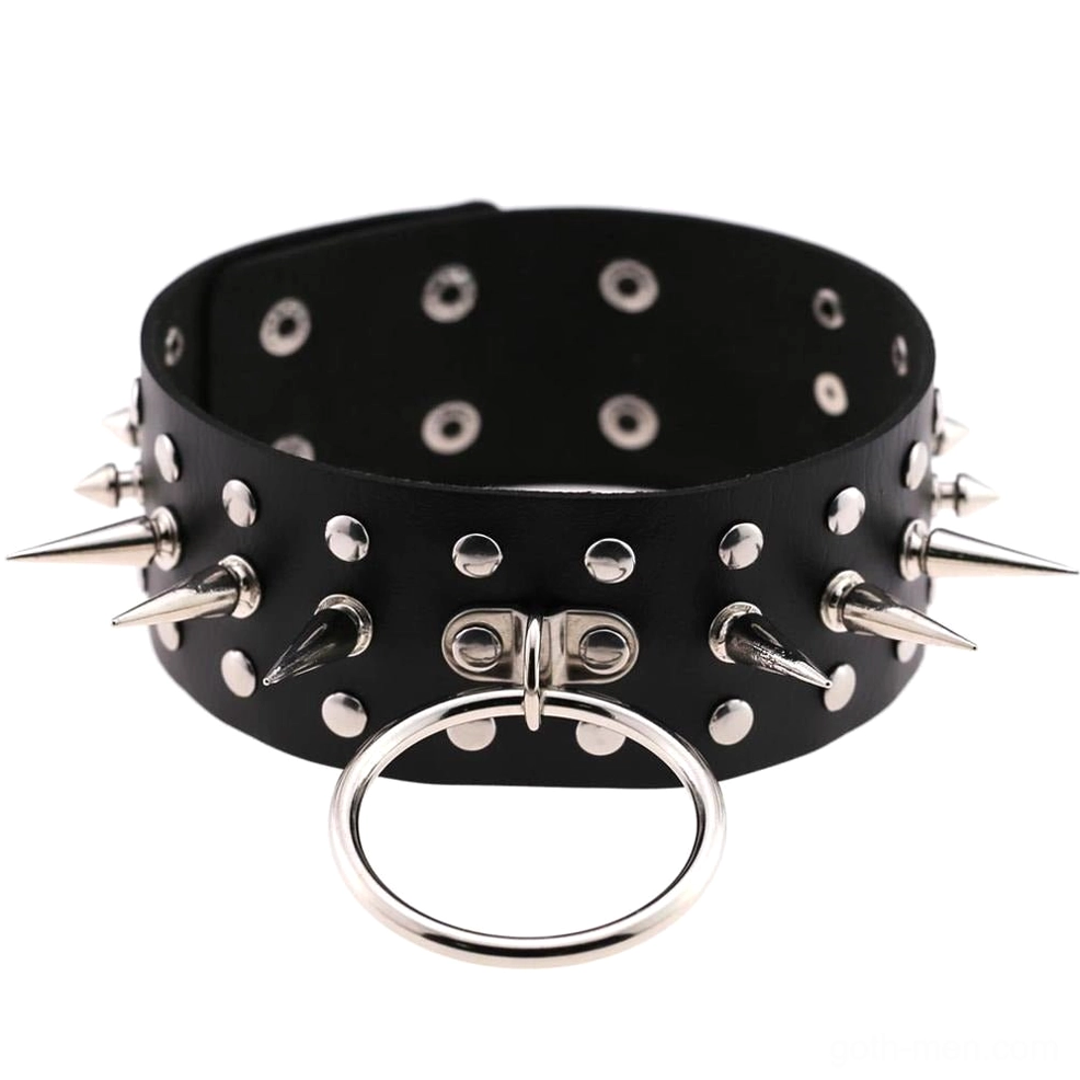 Black PU leather oversized choker front flat lay with prominent metal O-ring and spikes on white background