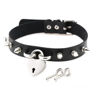 Black gothic heart lock spike choker necklace with decorative spikes and silver lock pendant on white background