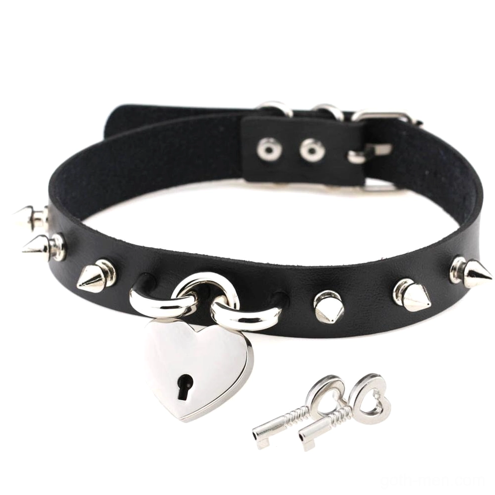 Black gothic heart lock spike choker necklace with decorative spikes and silver lock pendant on white background