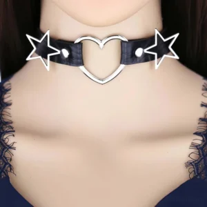 Black PU leather gothic choker with silver heart pendant and star accents worn on model, close-up front view showcasing detailed metalwork and adjustable fit