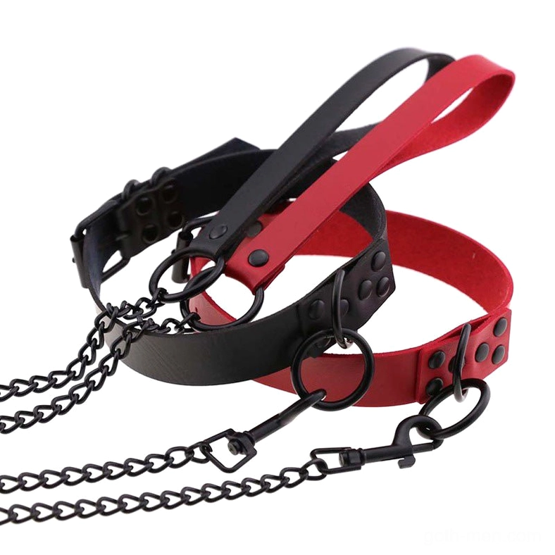 Black gothic choker with detachable leather chain leash for festival and subculture wear