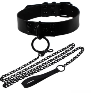 Black PU leather gothic choker with metal O-ring pendant and adjustable buckle - overhead flat lay studio view