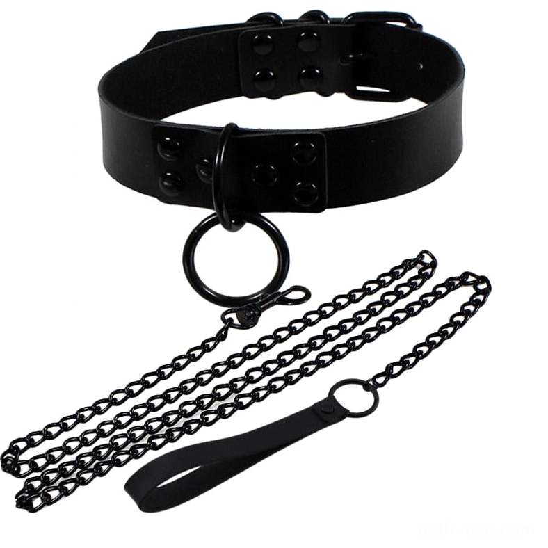 Black PU leather gothic choker with metal O-ring pendant and adjustable buckle - overhead flat lay studio view