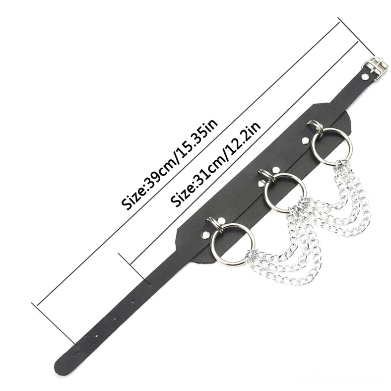Black gothic choker with O-ring chains showing detailed size specification markings and hardware
